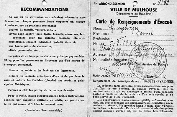 The evacuation card issued to Janine by the city of Mulhouse in 1939 in anticipation of a German invasion over the nearby border.  The French population fled en masse from border regions, but for almost a year – a period termed the Phony War – no fighting started.  Janine’s family moved to Gray, a small village that was occupied by German troops after France’s swift defeat in 1940, while Roland’s family settled in Villefranche, a town outside of Lyon, where he attended law school. 
