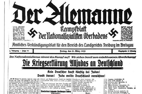 The Nazi newspaper in Freiburg, Der Alemanne, declared war on Germany’s Jews on March 31, 1933.  It announced an anti-Jewish rally to take place on the square of the city’s cathedral and directed German citizens to boycott Jewish-owned firms, among them the Günzburger Brothers steel and construction supply company.